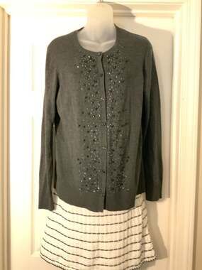 Croft & Barrow Gray Beaded and Rhinestone Embellished Button Front Cardigan Swea